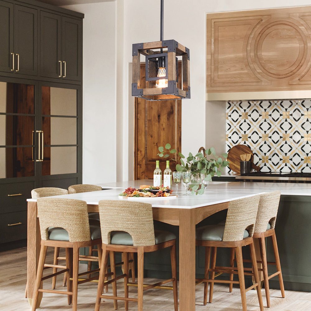 1-Light Square Wood Pendant Light