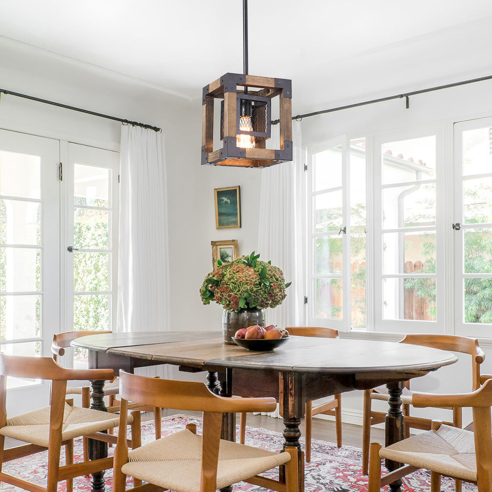 1-Light Square Wood Pendant Light
