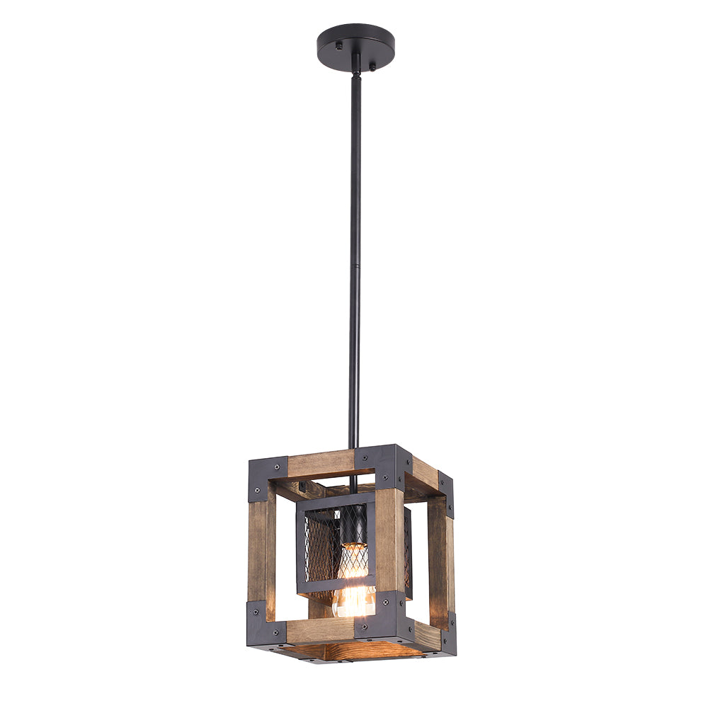 1-Light Square Wood Pendant Light