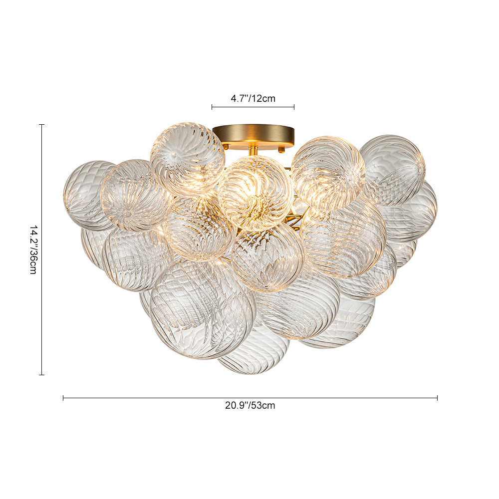 3-Light Brass Cluster Ribbed Glass Bubble Semi Flush Chandelier