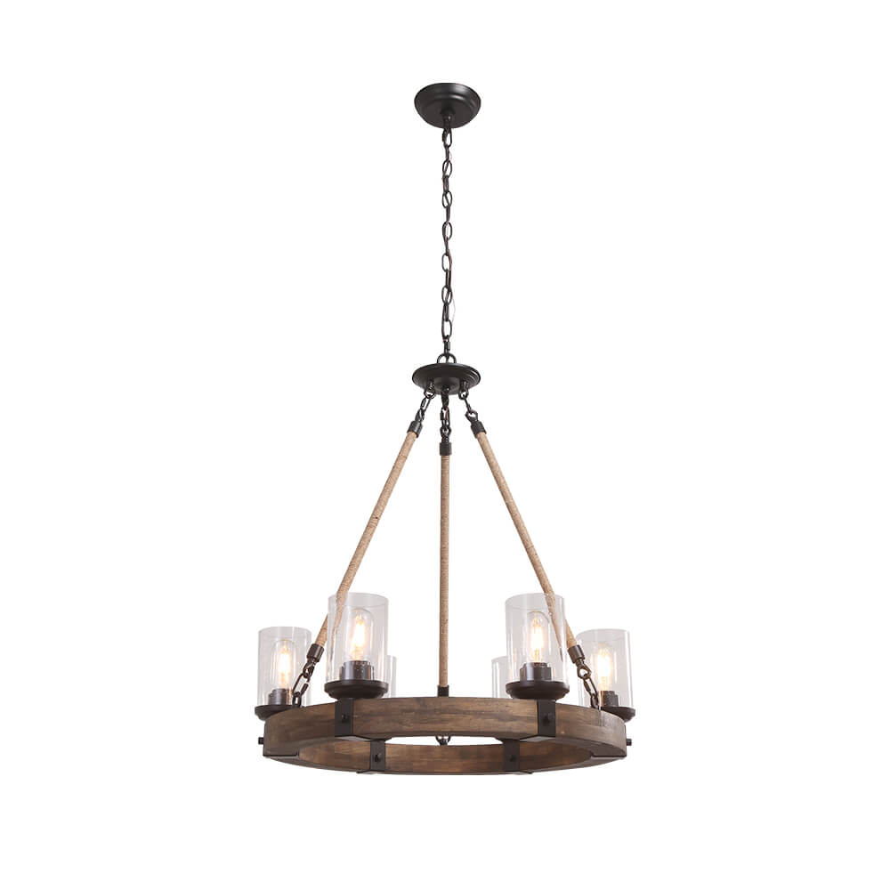 6-Light Wood Wagon Wheel Chandelier Modern Farmhouse