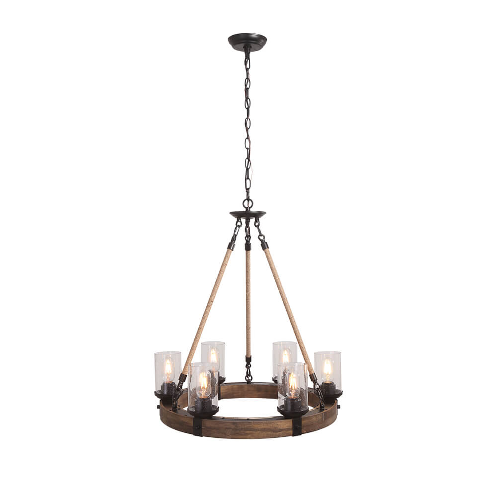 6-Light Wood Wagon Wheel Chandelier Modern Farmhouse
