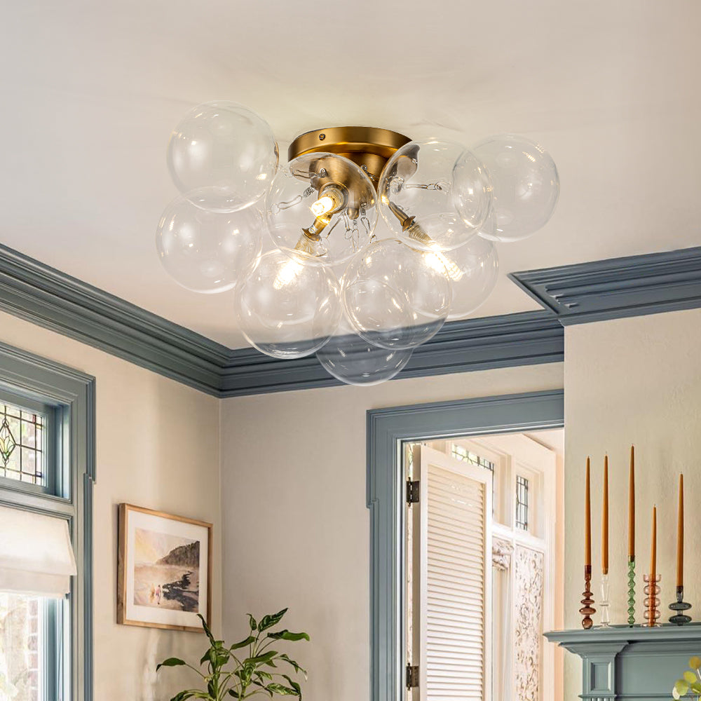 3-Light Brass Cluster Clear Glass Globe Bubble Ceiling Light