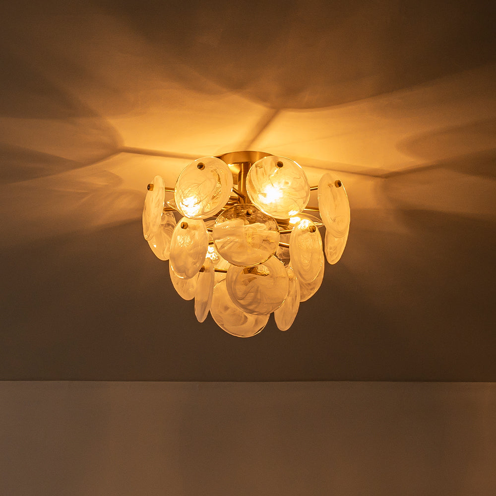 (OpenBox) Brass Tiered Opal Swirl Glass Semi Flush Chandelier