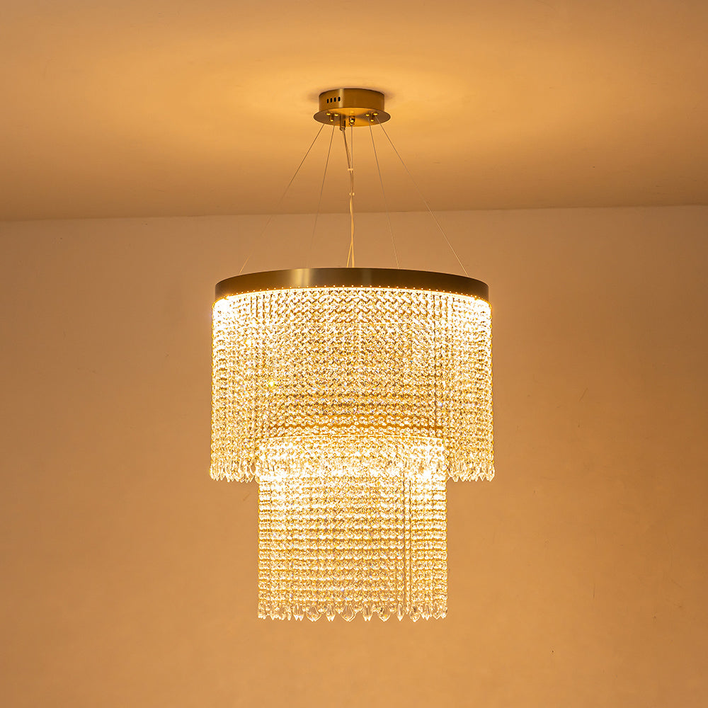 Luxury 2-Tier LED Cascade Crystal Round Chandelier