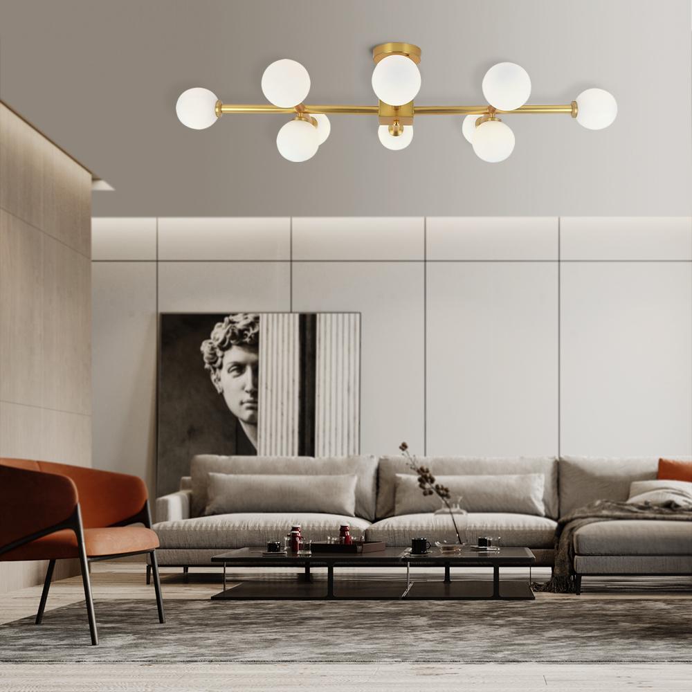 Gold Sputnik Frosted Glass Globe Semi Flush Mount Chandelier