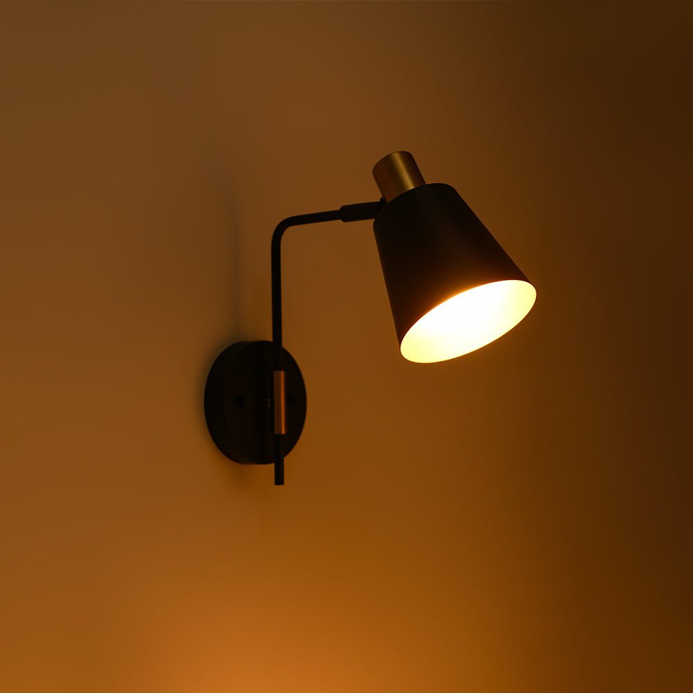 1-Light Black Gold 90-Degree Adjustable Cone Wall Lamp