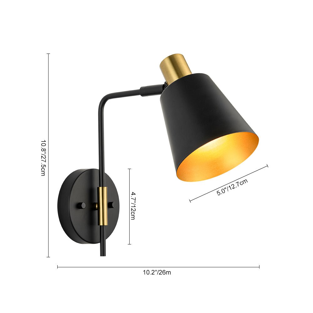 1-Light Black Gold 90-Degree Adjustable Cone Wall Lamp