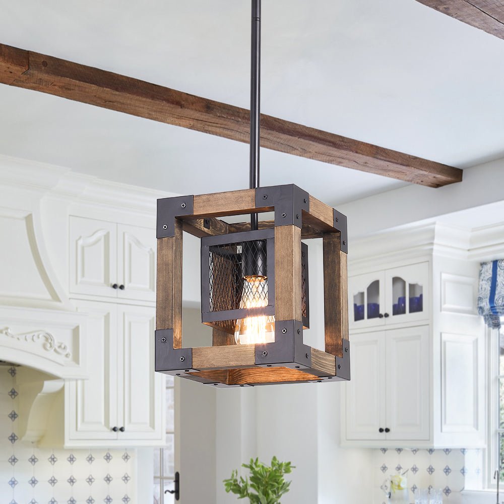 1-Light Square Wood Pendant Light