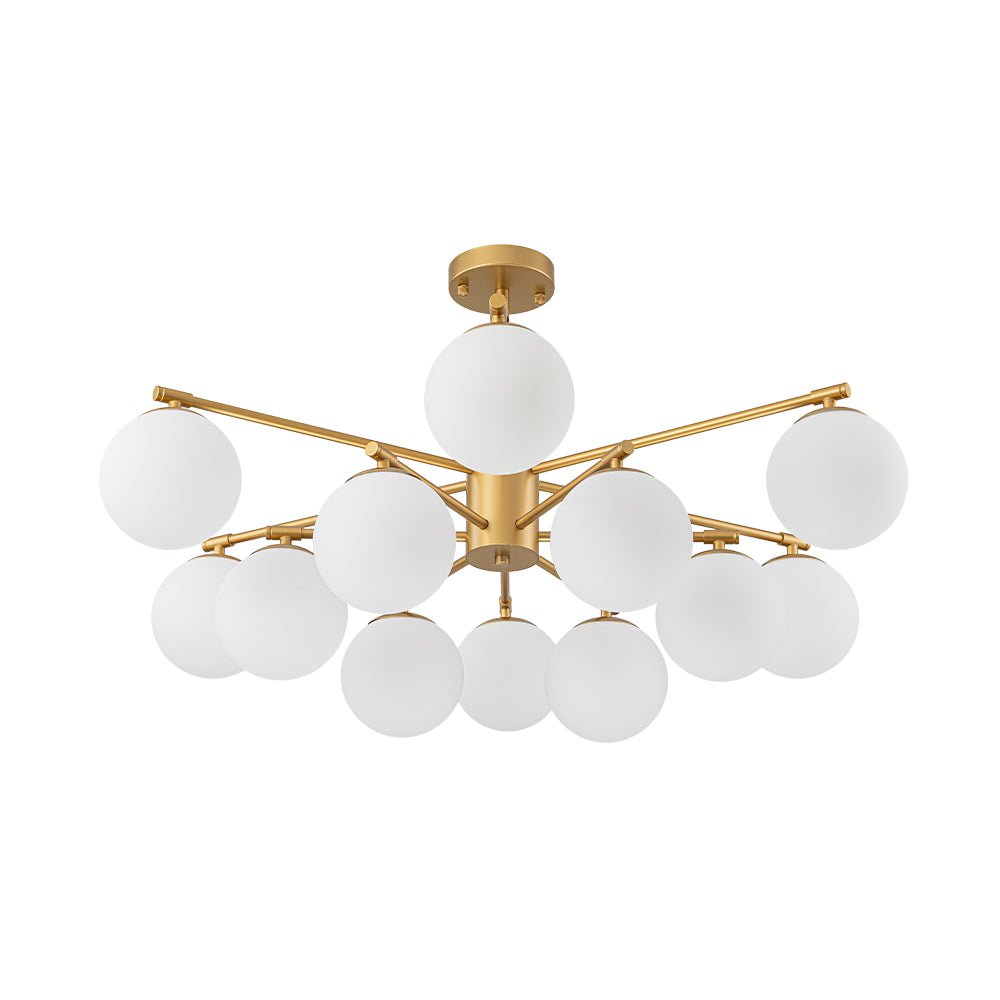 12-Light Brass Tiered Opal Glass Bubble Semi Flush Chandelier