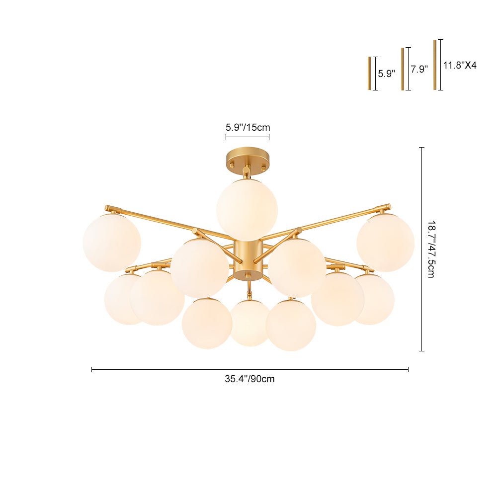 12-Light Brass Tiered Opal Glass Bubble Semi Flush Chandelier