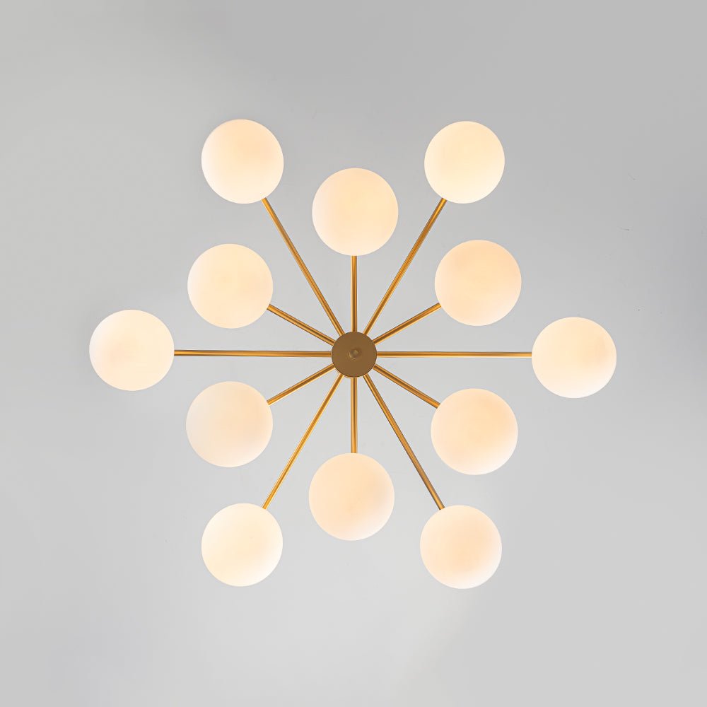 12-Light Brass Tiered Opal Glass Bubble Semi Flush Chandelier
