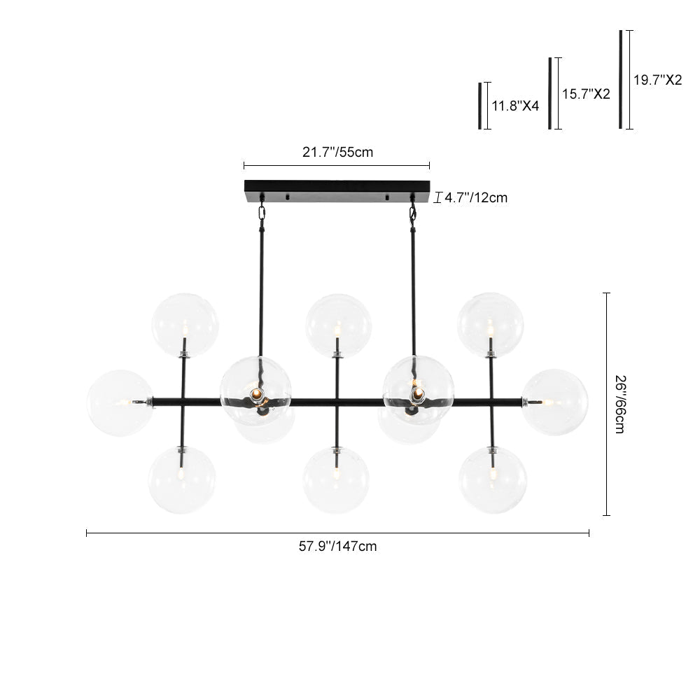 12-Light Sputnik Glass Globe Bubble Linear Island Chandelier