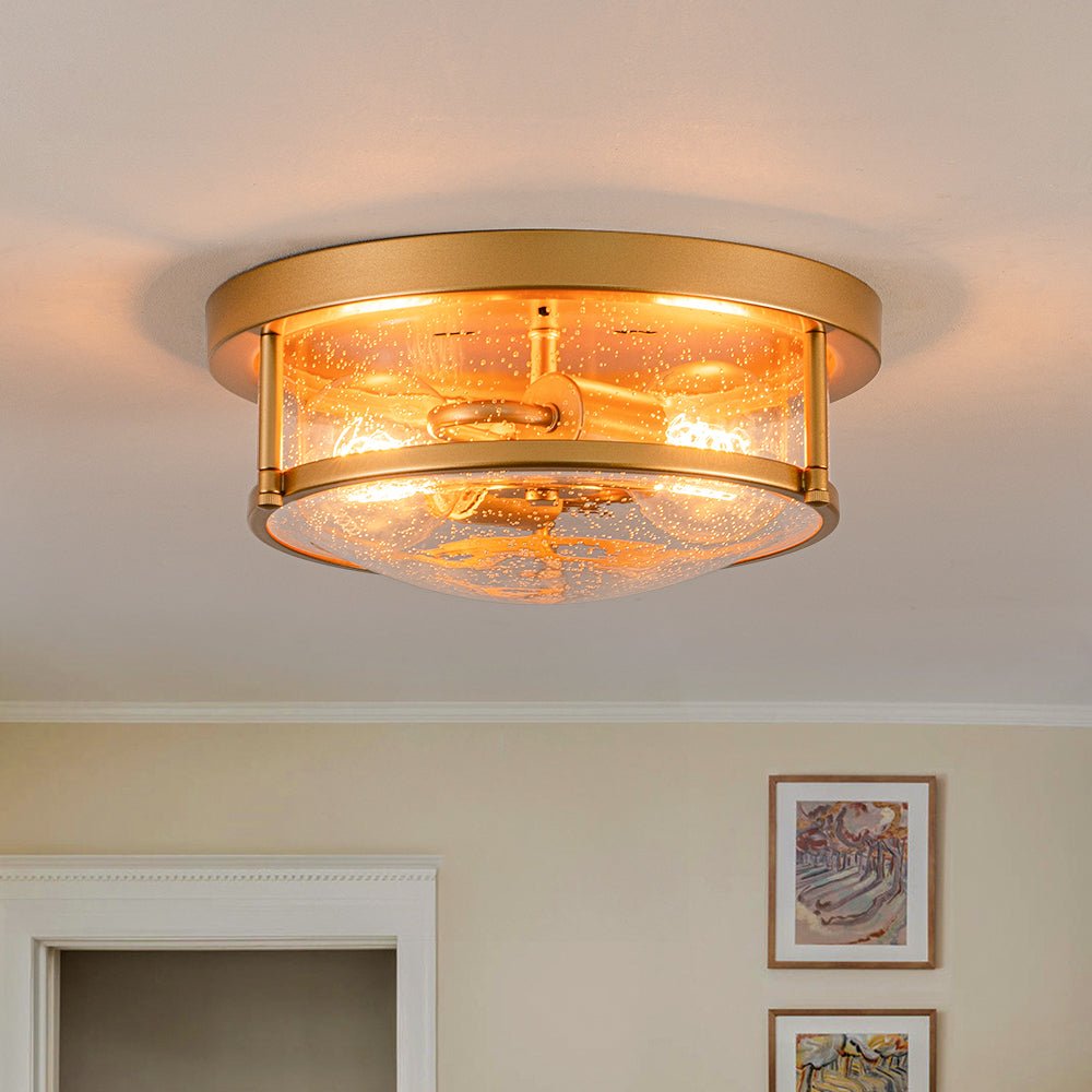 2-Light Seeded Glass Round Flush Mount Ceiling Light