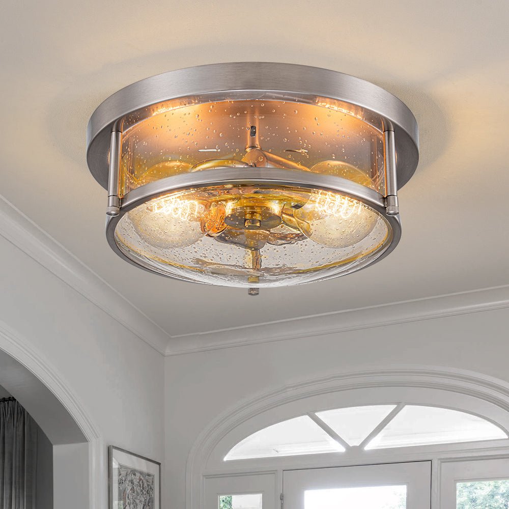 2-Light Seeded Glass Round Flush Mount Ceiling Light