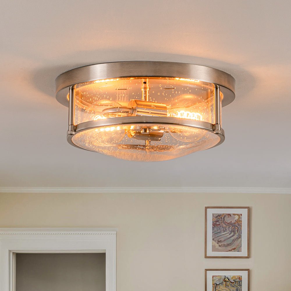 2-Light Seeded Glass Round Flush Mount Ceiling Light