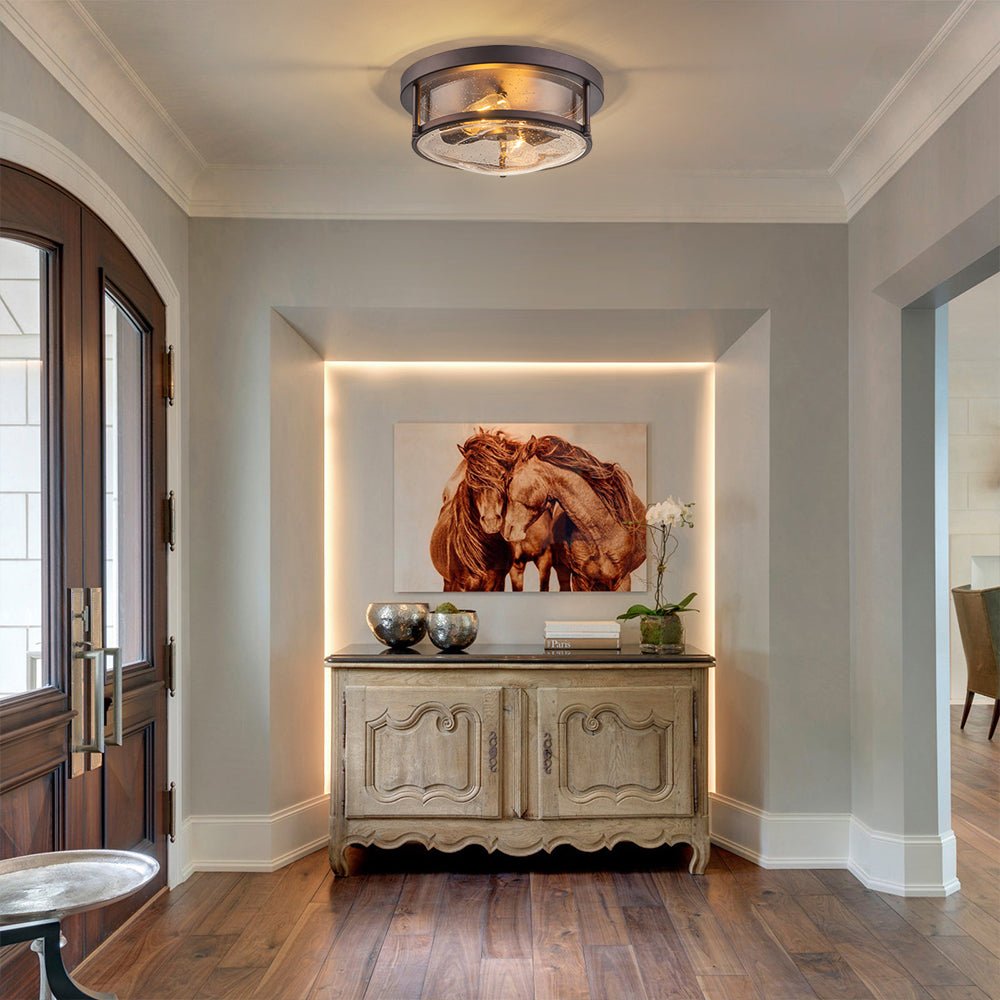 2-Light Seeded Glass Round Flush Mount Ceiling Light