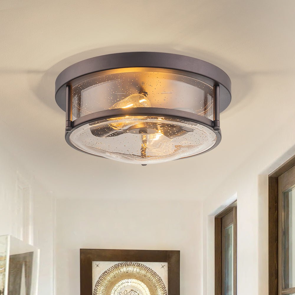 2-Light Seeded Glass Round Flush Mount Ceiling Light