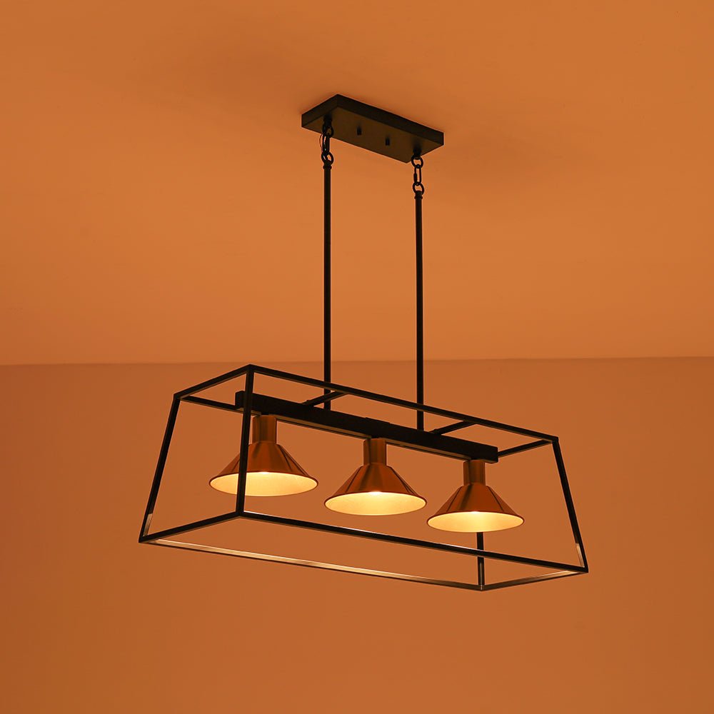3-Light Black Brass Rectangle Cage Island Chandelier