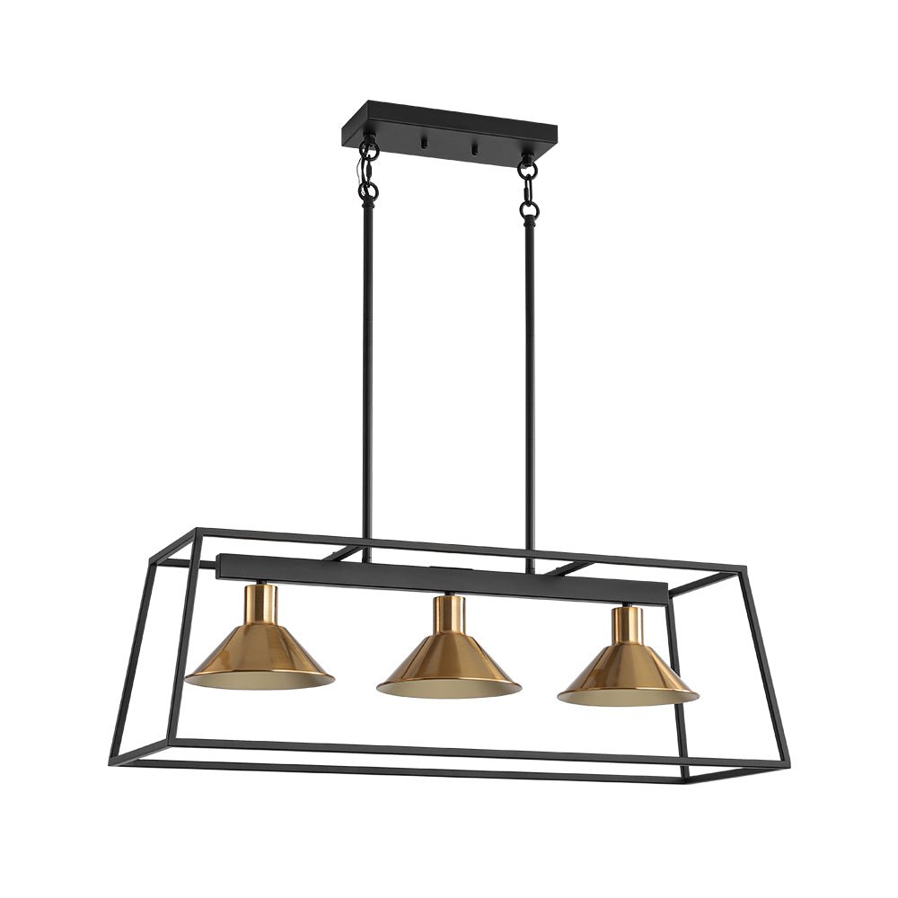 3-Light Black Brass Rectangle Cage Island Chandelier
