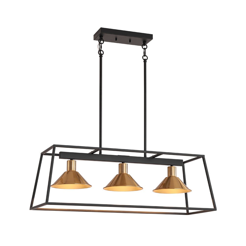 3-Light Black Brass Rectangle Cage Island Chandelier
