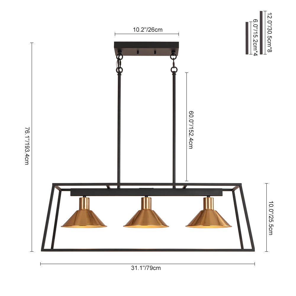 3-Light Black Brass Rectangle Cage Island Chandelier
