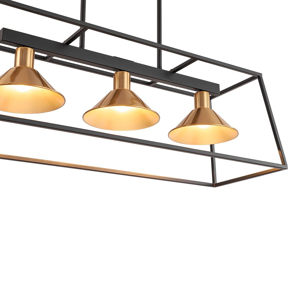 3-Light Black Brass Rectangle Cage Island Chandelier