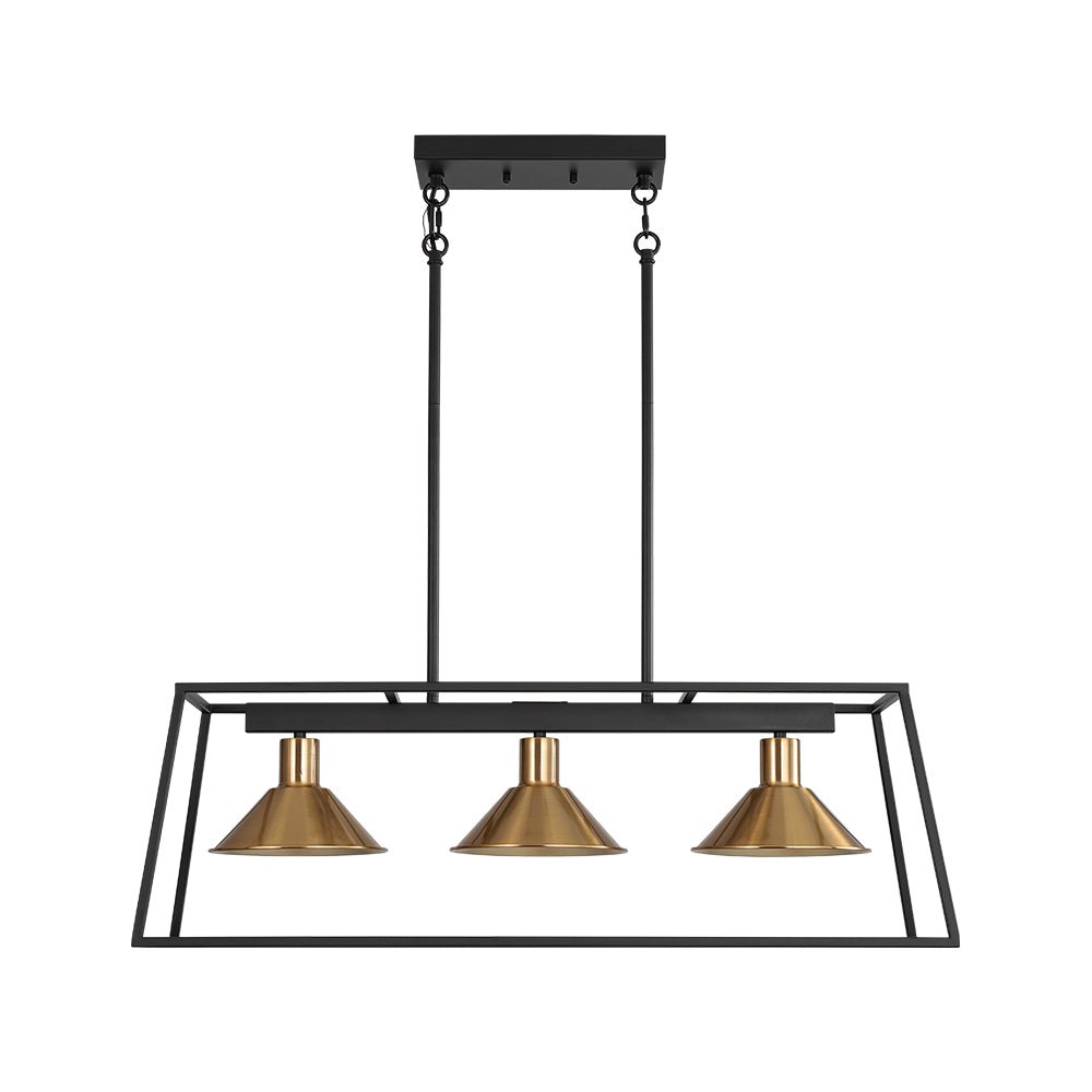 3-Light Black Brass Rectangle Cage Island Chandelier