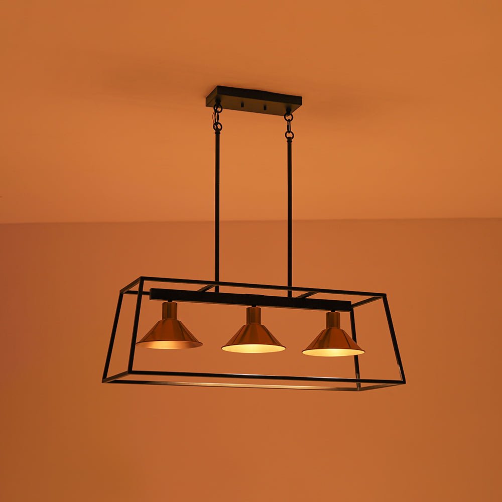 3-Light Black Brass Rectangle Cage Island Chandelier