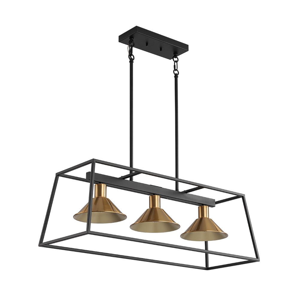 3-Light Black Brass Rectangle Cage Island Chandelier