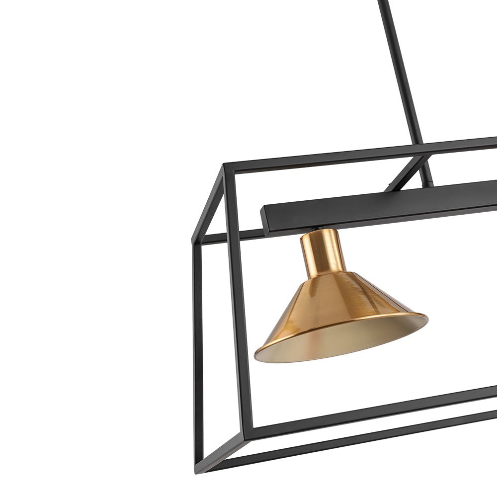 3-Light Black Brass Rectangle Cage Island Chandelier
