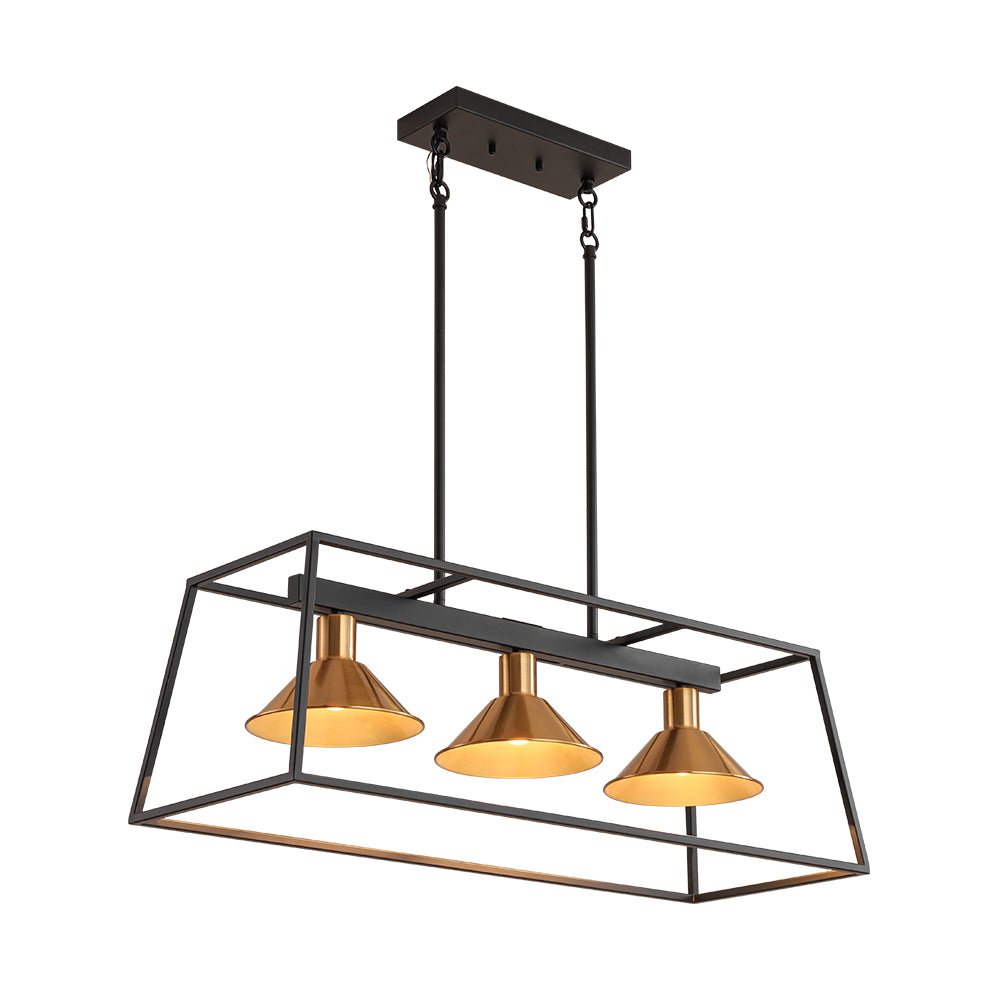 3-Light Black Brass Rectangle Cage Island Chandelier