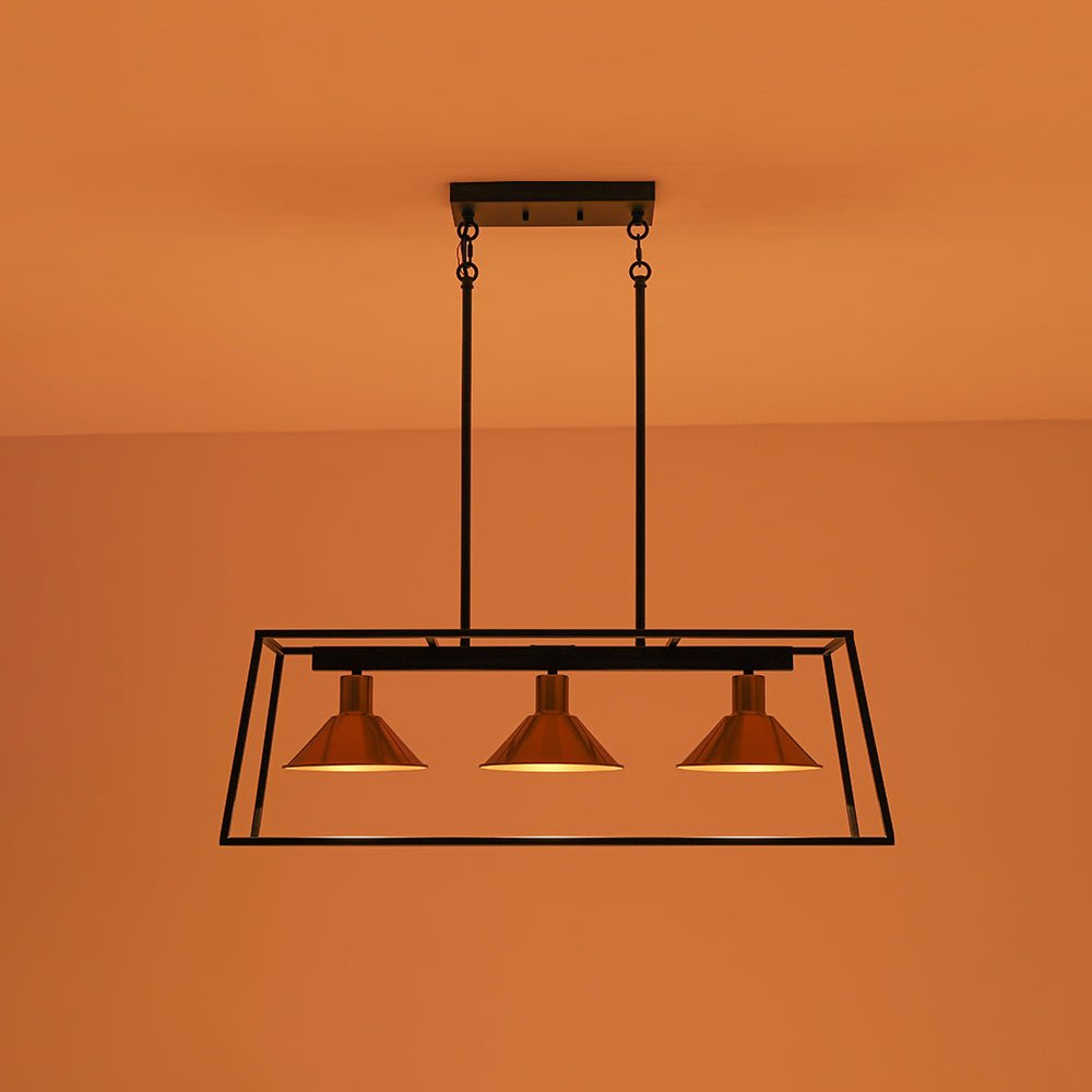 3-Light Black Brass Rectangle Cage Island Chandelier
