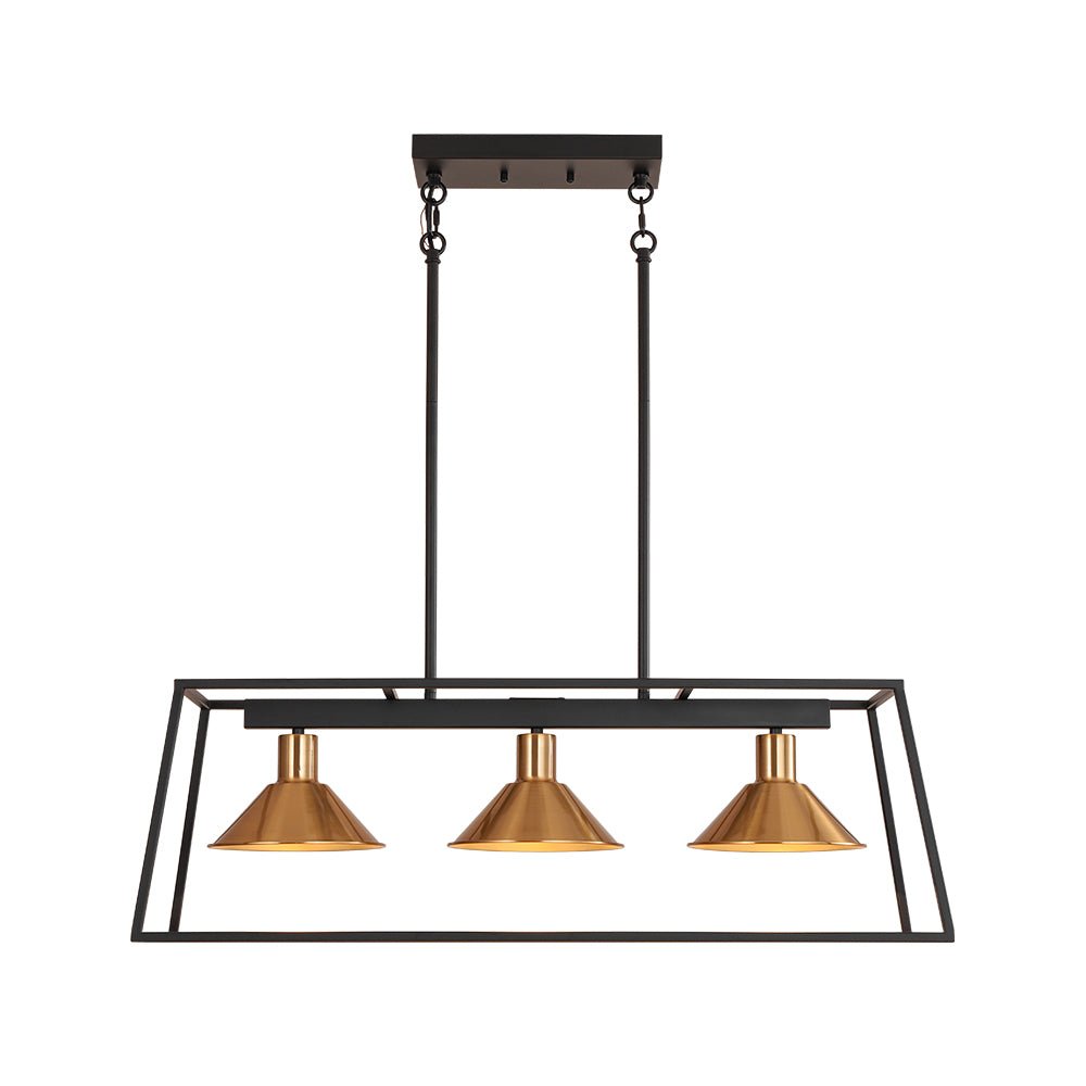3-Light Black Brass Rectangle Cage Island Chandelier