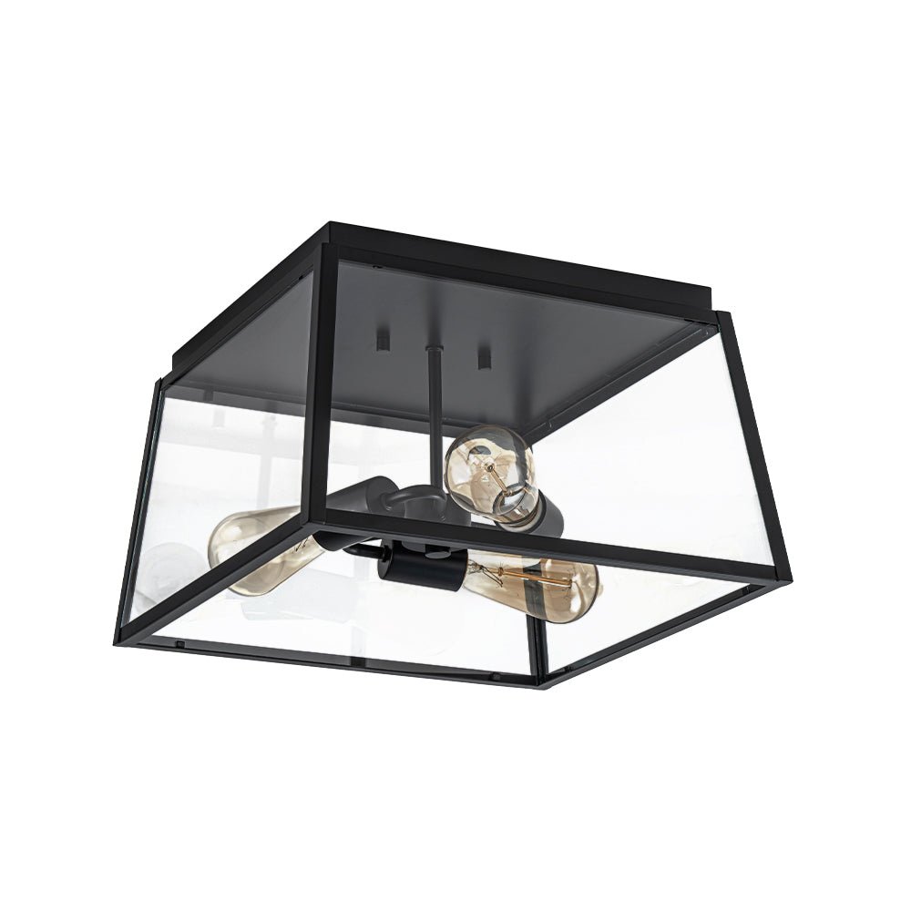 3-Light Black Square Box Clear Glass Cage Ceiling Light