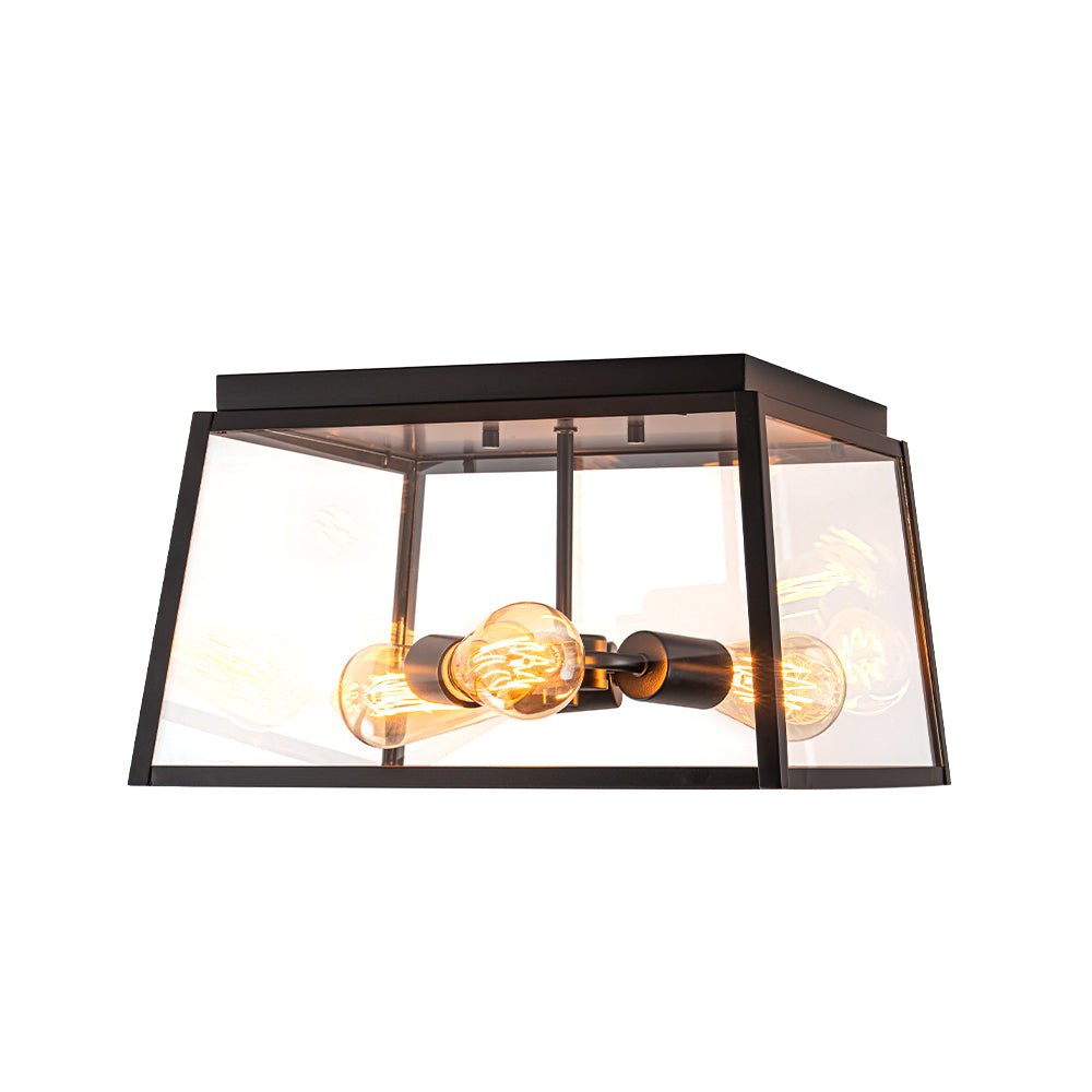 3-Light Black Square Box Clear Glass Cage Ceiling Light