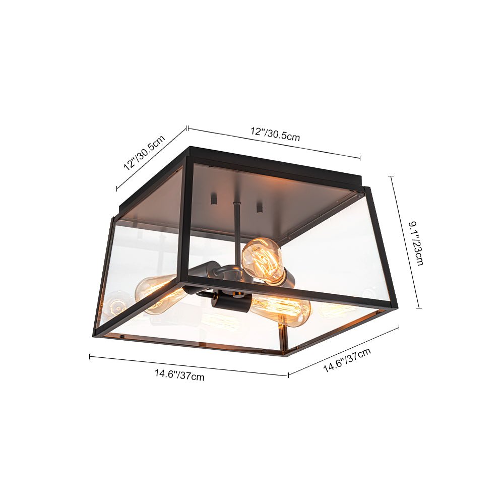 3-Light Black Square Box Clear Glass Cage Ceiling Light