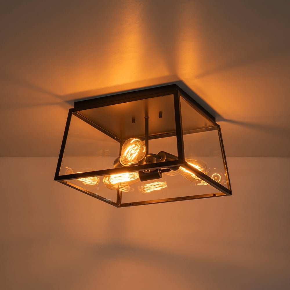 3-Light Black Square Box Clear Glass Cage Ceiling Light