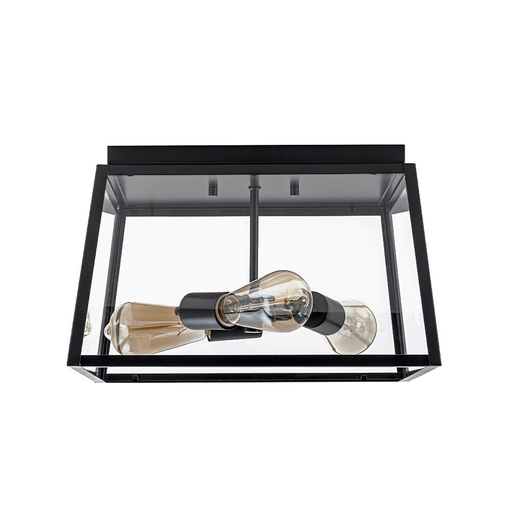 3-Light Black Square Box Clear Glass Cage Ceiling Light