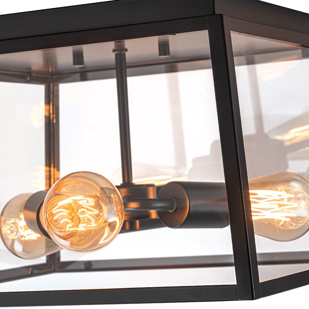 3-Light Black Square Box Clear Glass Cage Ceiling Light
