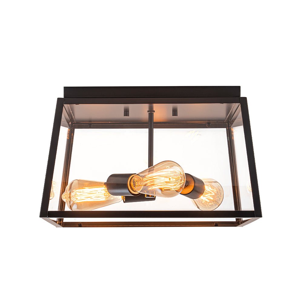 3-Light Black Square Box Clear Glass Cage Ceiling Light
