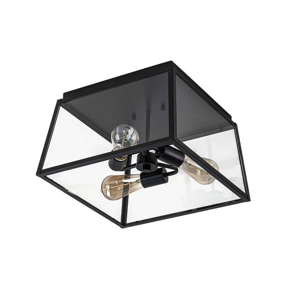 3-Light Black Square Box Clear Glass Cage Ceiling Light