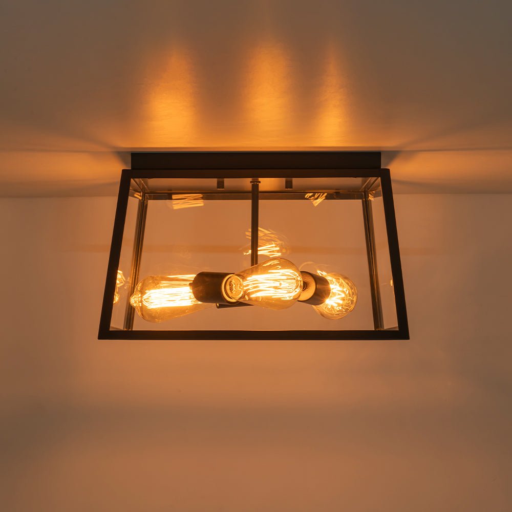 3-Light Black Square Box Clear Glass Cage Ceiling Light