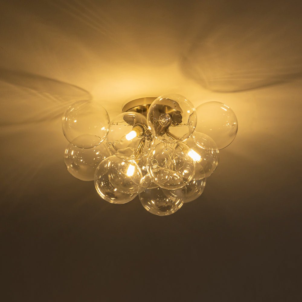 3-Light Brass Cluster Clear Glass Globe Bubble Ceiling Light