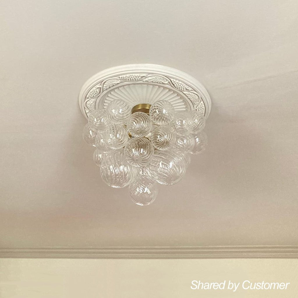 3-Light Brass Cluster Ribbed Glass Bubble Semi Flush Chandelier