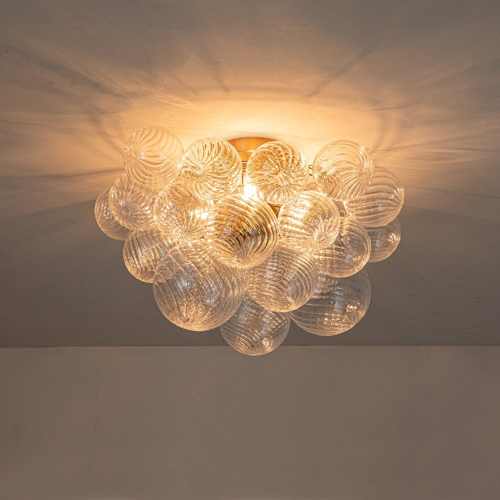 3-Light Brass Cluster Ribbed Glass Bubble Semi Flush Chandelier
