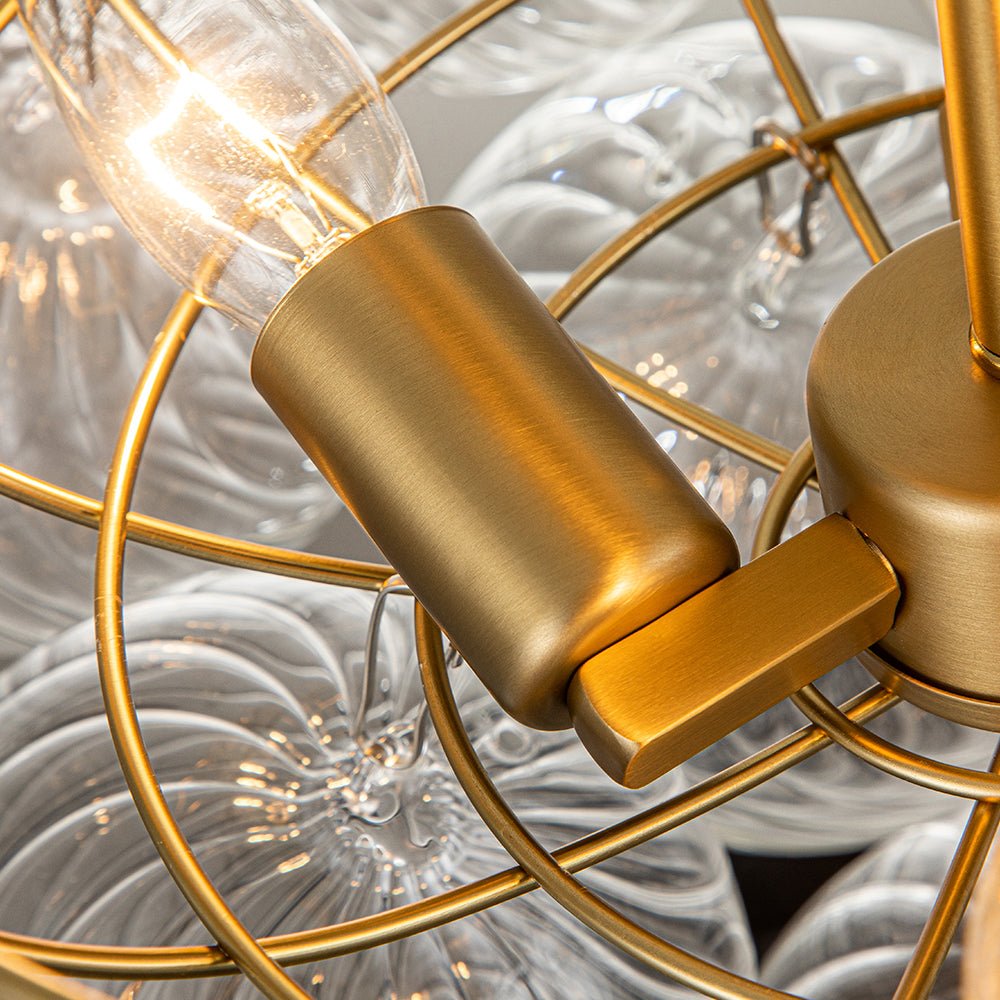 3-Light Brass Cluster Ribbed Glass Bubble Semi Flush Chandelier