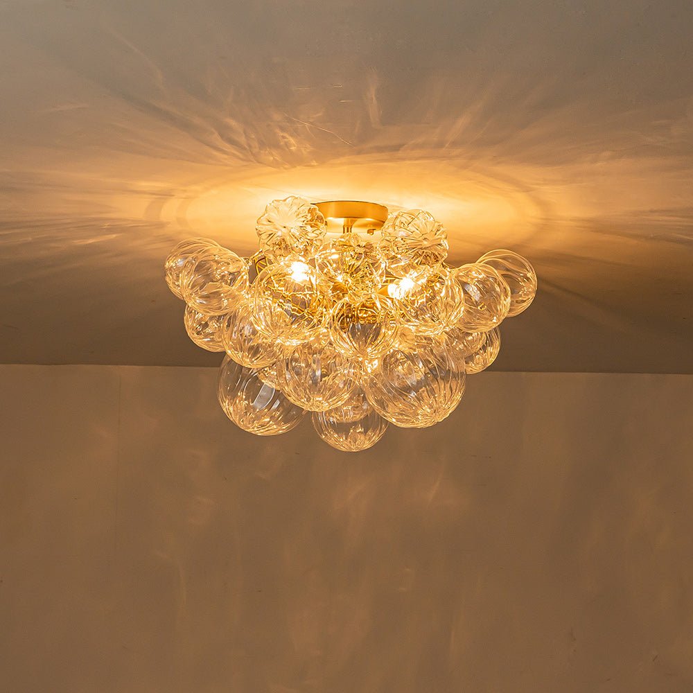 3-Light Brass Sculpture Glass Globe Bubble Semi Flush Chandelier