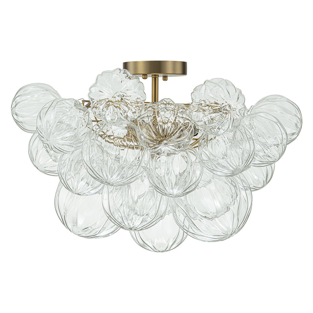 3-Light Brass Sculpture Glass Globe Bubble Semi Flush Chandelier