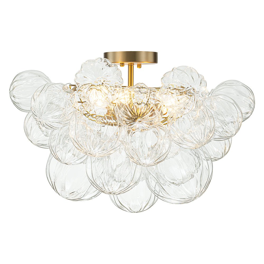 3-Light Brass Sculpture Glass Globe Bubble Semi Flush Chandelier